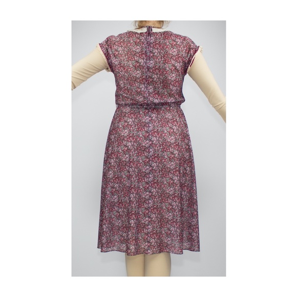 Vintage Burgundy Floral Polyester Cap Sleeve Dress - Picture 3 of 4